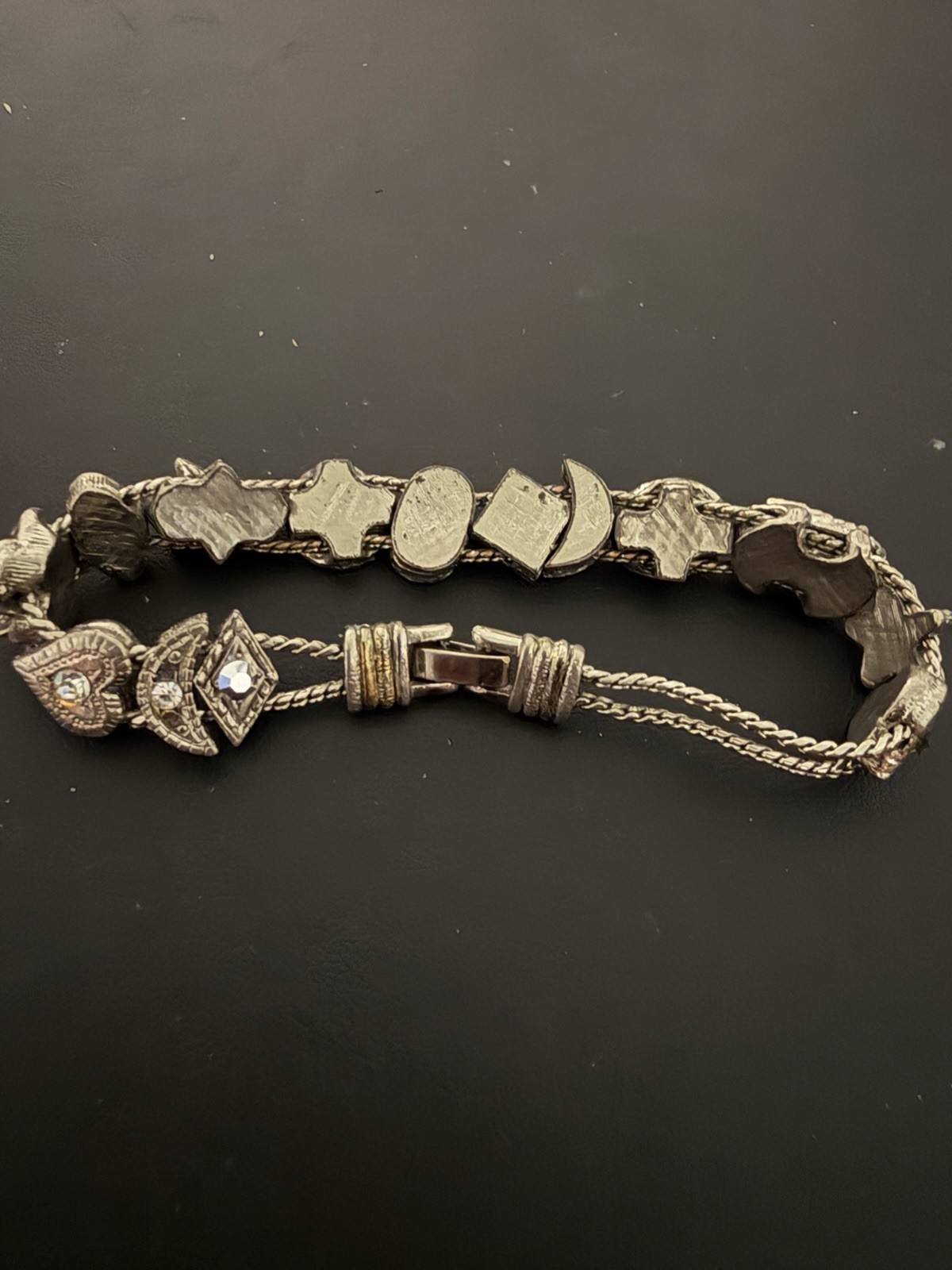 Unsigned Vintage Goldette Silver Tone Victorian Revival Slider Charm Bracelet 7”