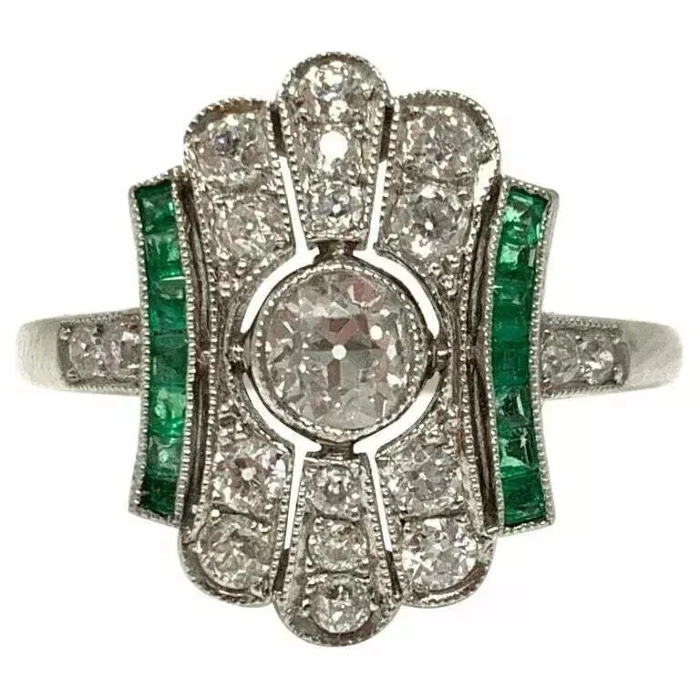 3.2Ct Art Deco Lab Created Diamond & Emerald Engagement 14K White Gold FN Ring