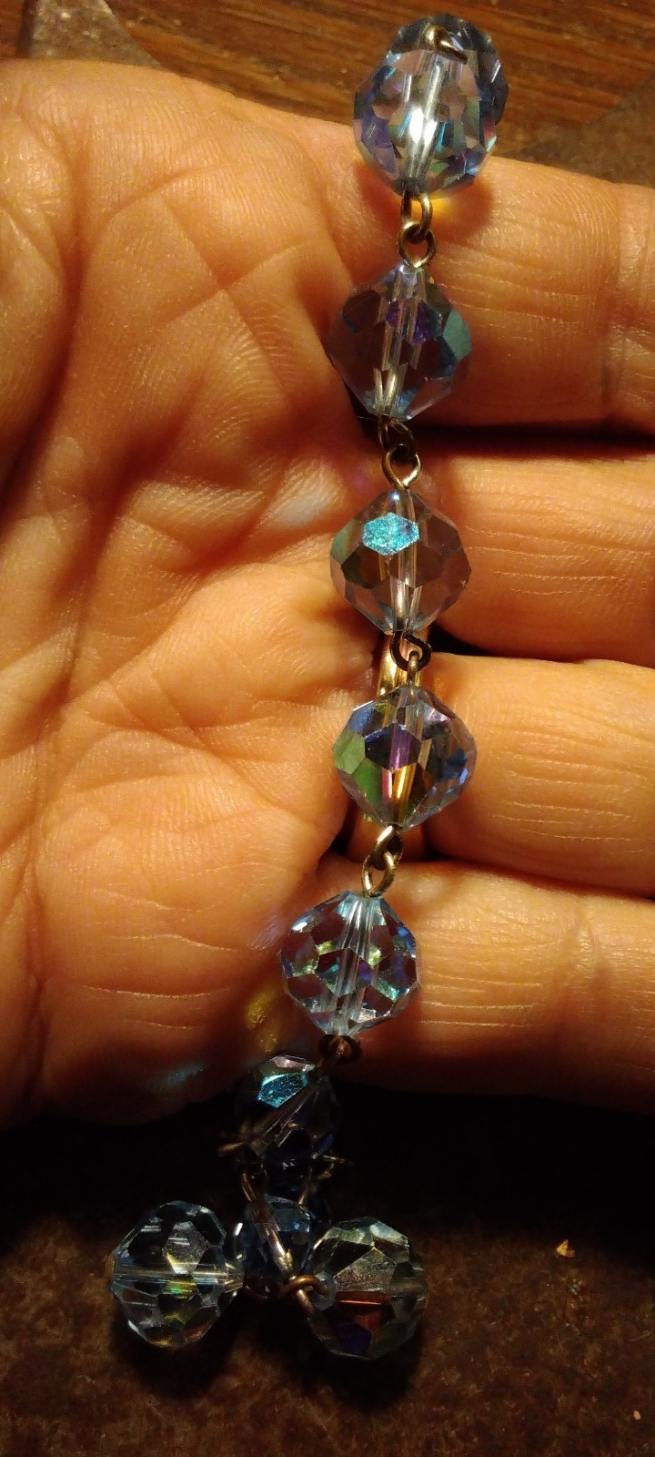 AURORA BOREALIS BLUE Heavy Link CRYSTAL BEAD 8″ BRACELET DANGLES Czech Glass VTG
