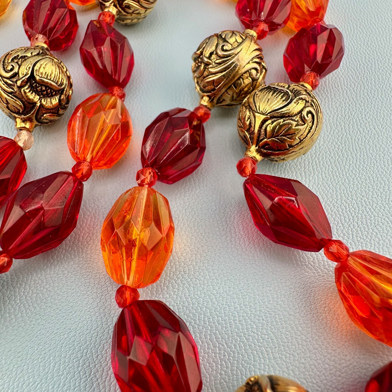 Vintage Lucite Bead Gypsy Necklace Faceted Red Orange Gold Tone Floral 46″ Boho
