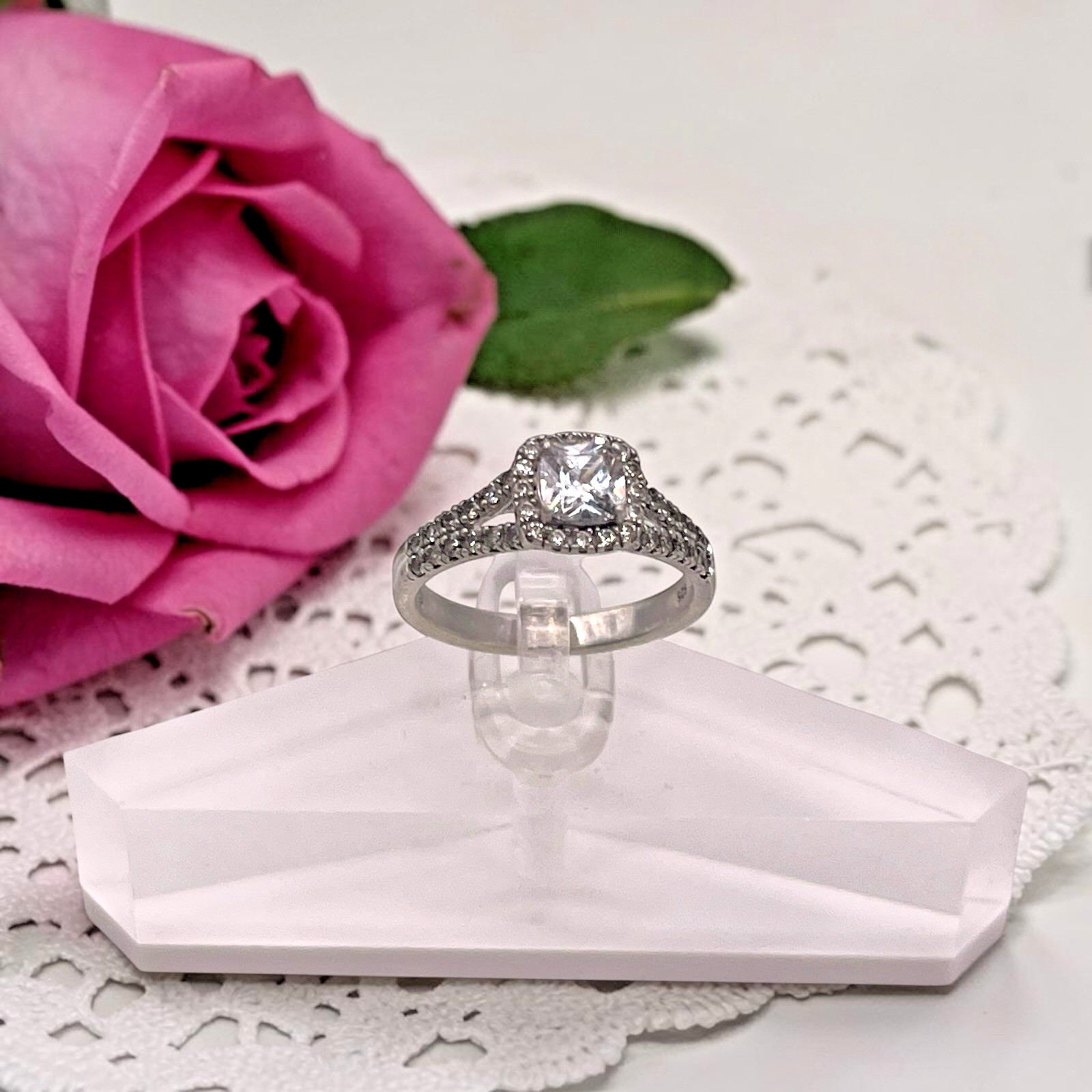 Vintage EC 925 Sterling Silver CZ Halo Accent Split Shank Ring, size 7