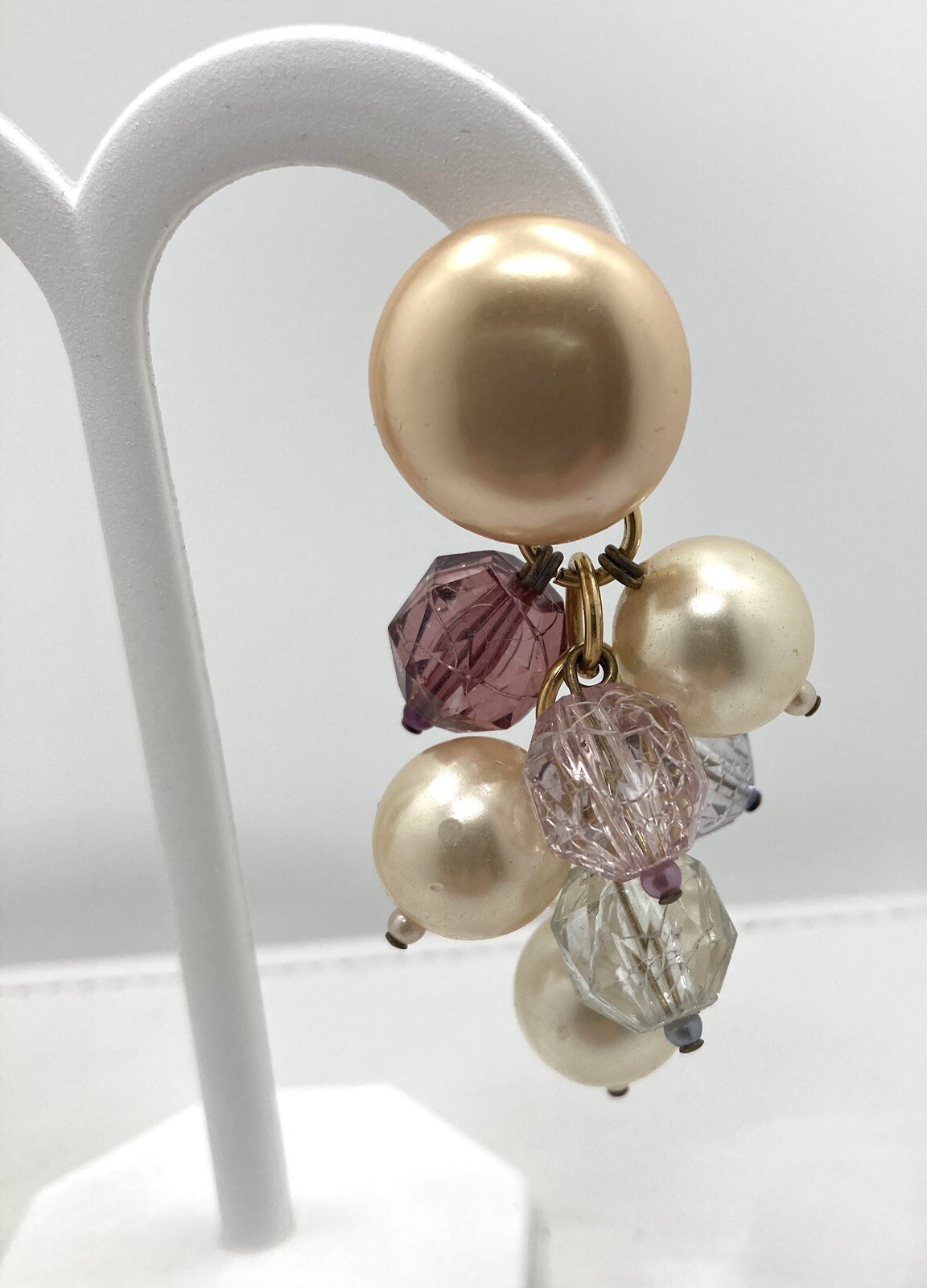 Vintage CHAMPAGNE FAUX PEARL LAVENDER Bead Cluster 3″ Dangle Earrings SNAZZY