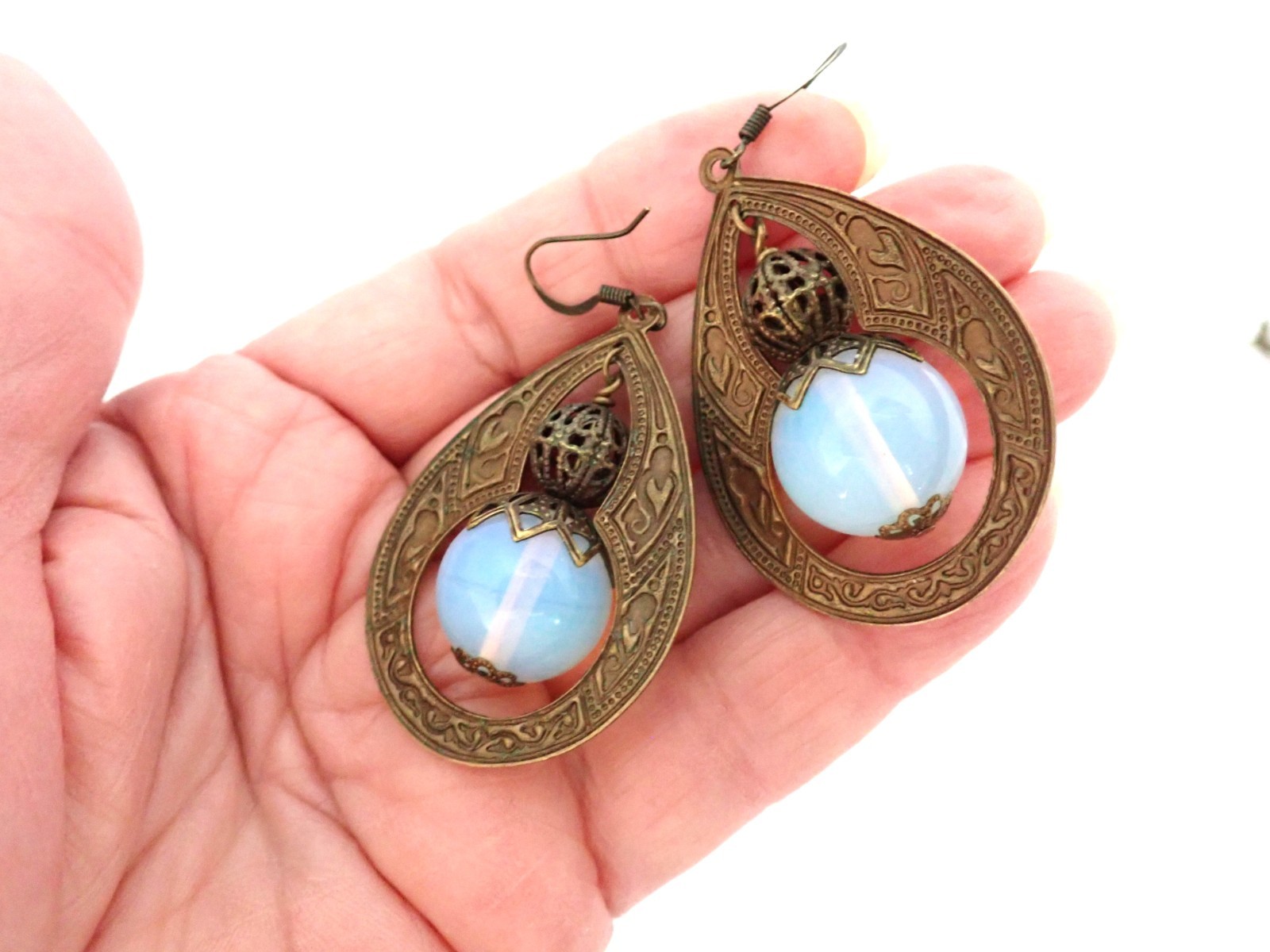 Vintage Light Blue Opaline Glass Bead Necklace Earrings Set Bohemian Deco Style
