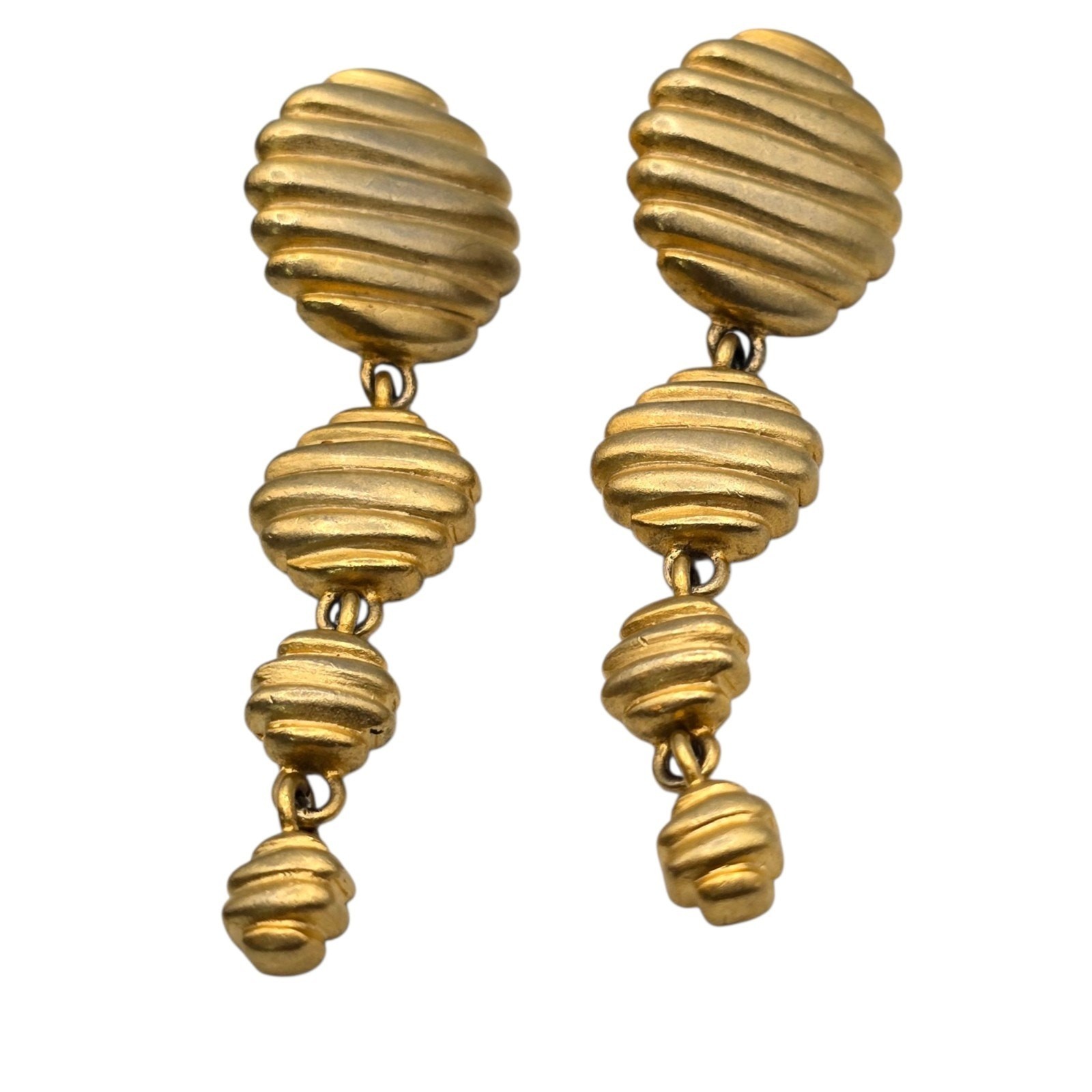 Pierced Earrings Ribbed Design Drop Flattened Dome Bead Gold Tone SKU 2484