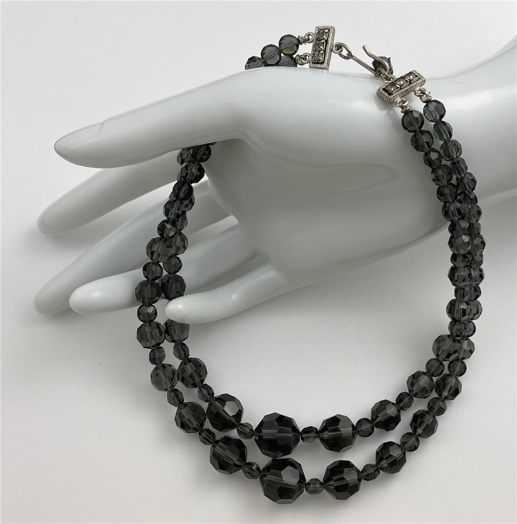Vintage 1960’s Double Strand Graduated Dark Grey Austrian Beads Necklace
