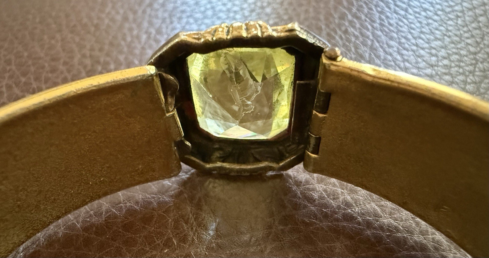Antique Art Deco Bangle JJ White Bracelet Gold Plated Green Stone Vintage