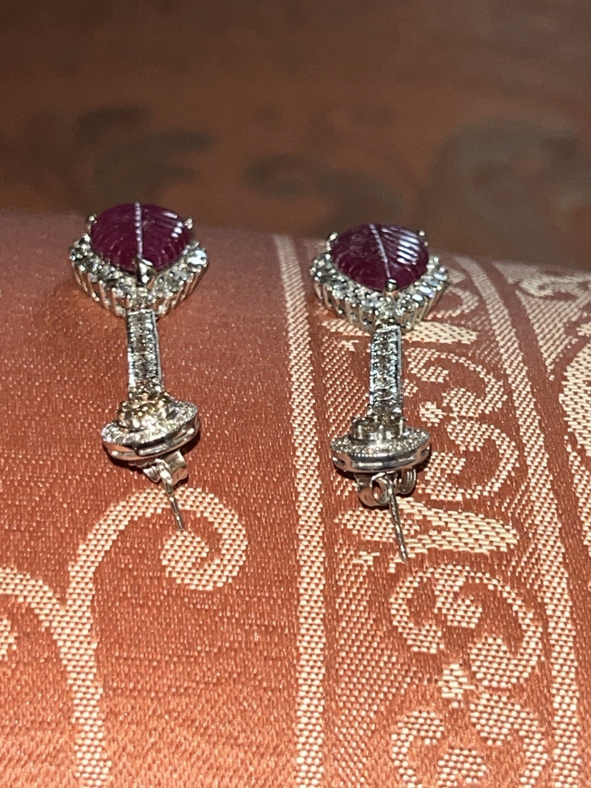 Large 14K Solid Gold Authentic Natural Ruby Diamond Leaf Earrings AGI Certified!