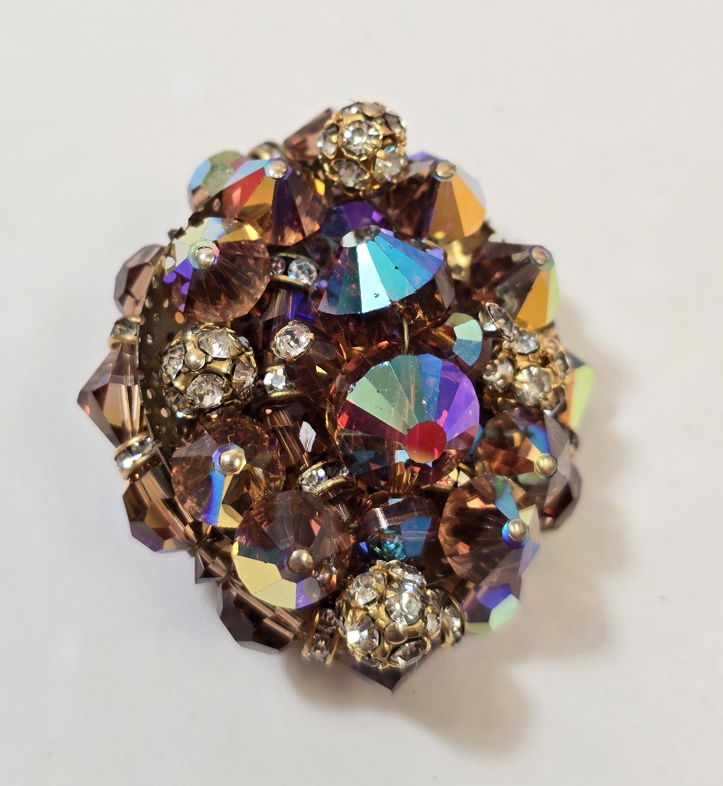 Vintage Large Clear Rhinestone Layered Dark Topaz AB Crystal Bead Brooch