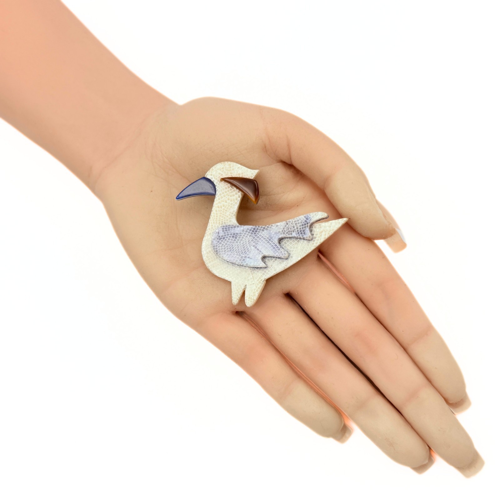 Lea Stein Marked Paris White Blue Acetate “The Cormorant” Celluloid Brooch