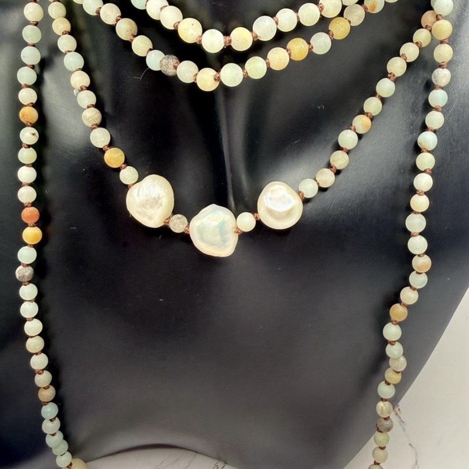 Amazonite Bead Natural Color Lariat Wrap Necklace Baroque Pearl Tassel Ends