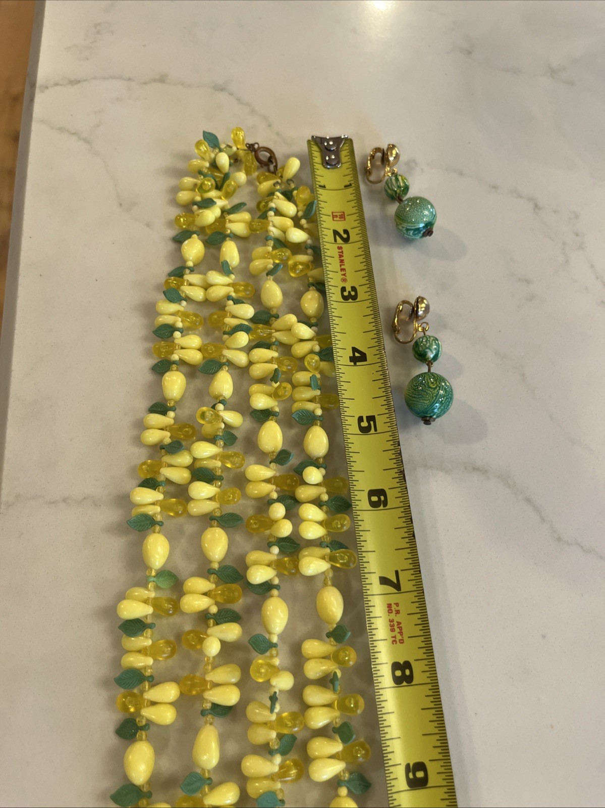 Vintage 2 Strand Tutti Fruity Lemon Necklace Czech Dangle Drop Clip Earrings Set