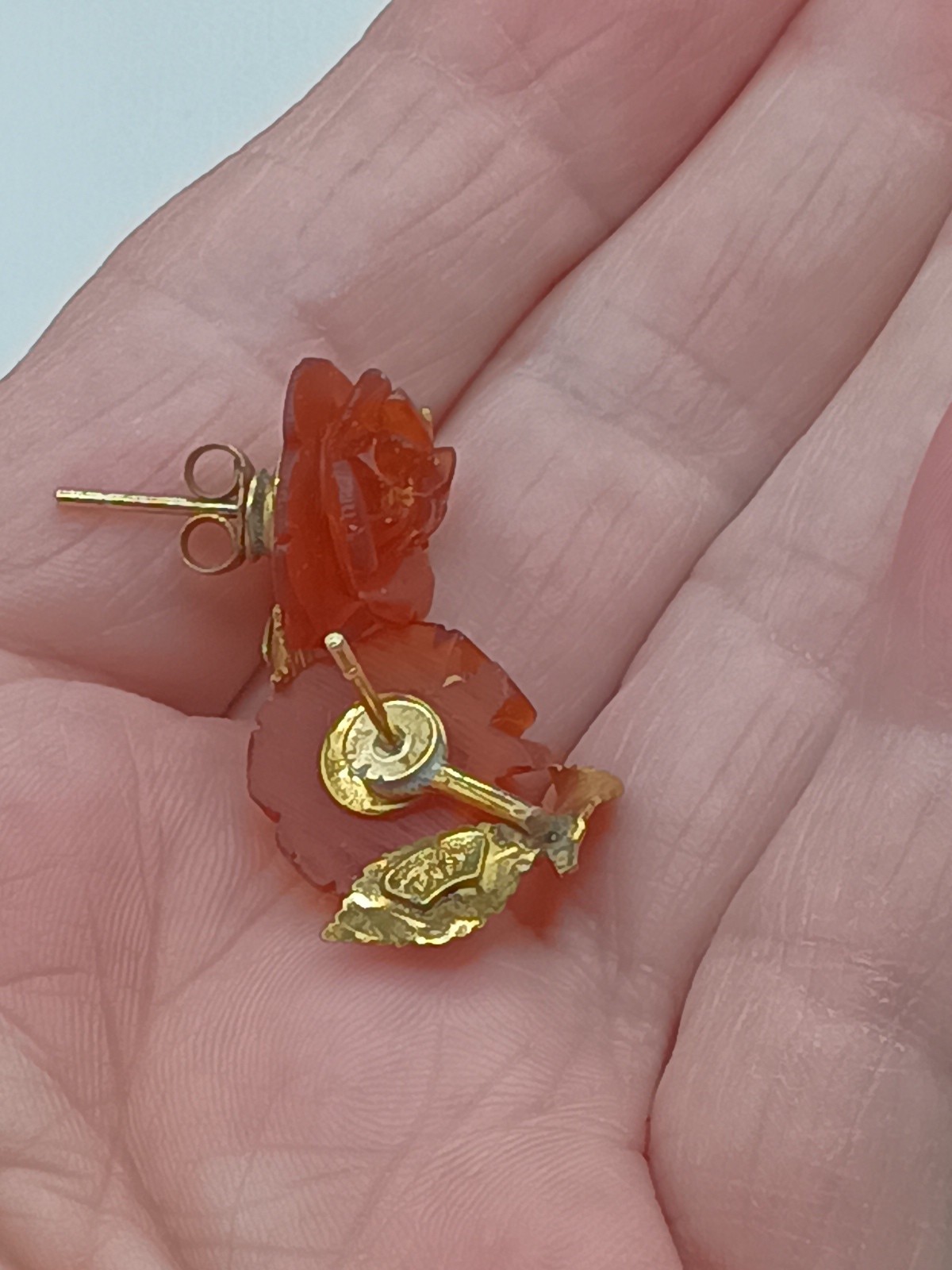 Amber Guild Earrings Stud 1/20 12K GF Gold Filled Rose Carved Amber .75”
