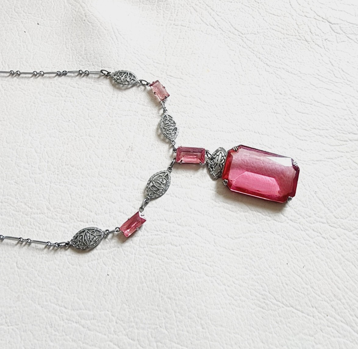 Antique ART DECO Silver Tone PINK CZECH Glass Filigree Necklace