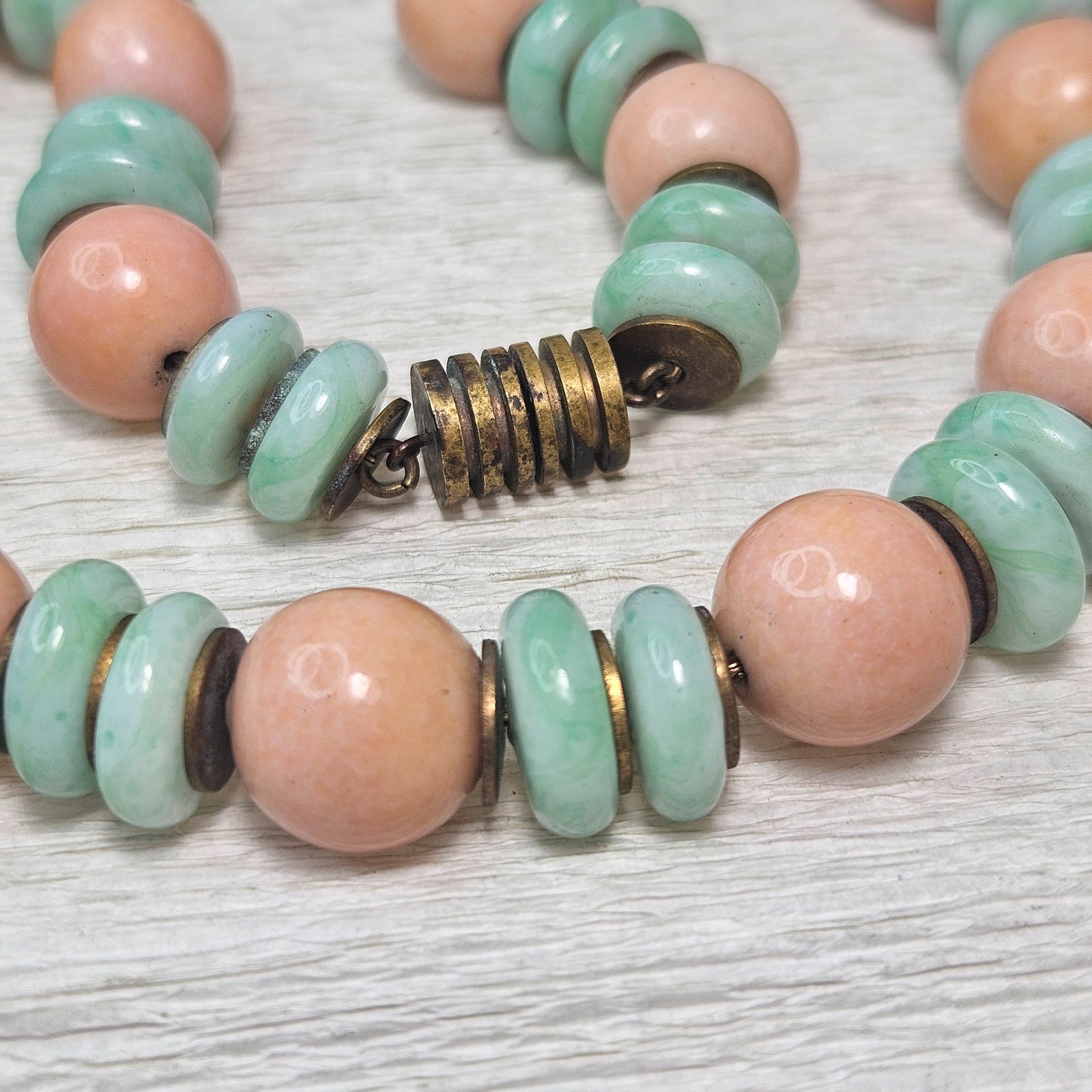 Confirmed ROUSSELET Peach & UV Marbled Green w Brass Discs Glass Bead Necklace