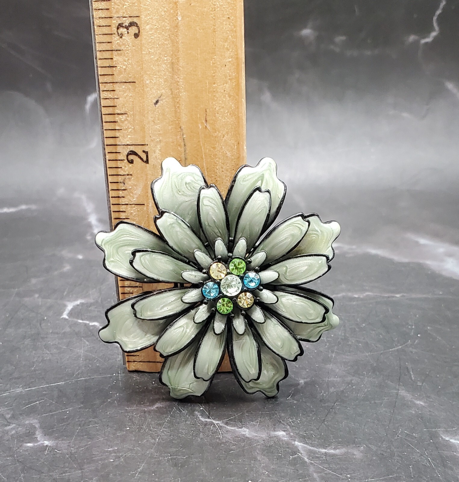 Vtg 1960s Enameled 4 Layers Metal Flower Pendant Brooch Multi Color Rhinestones