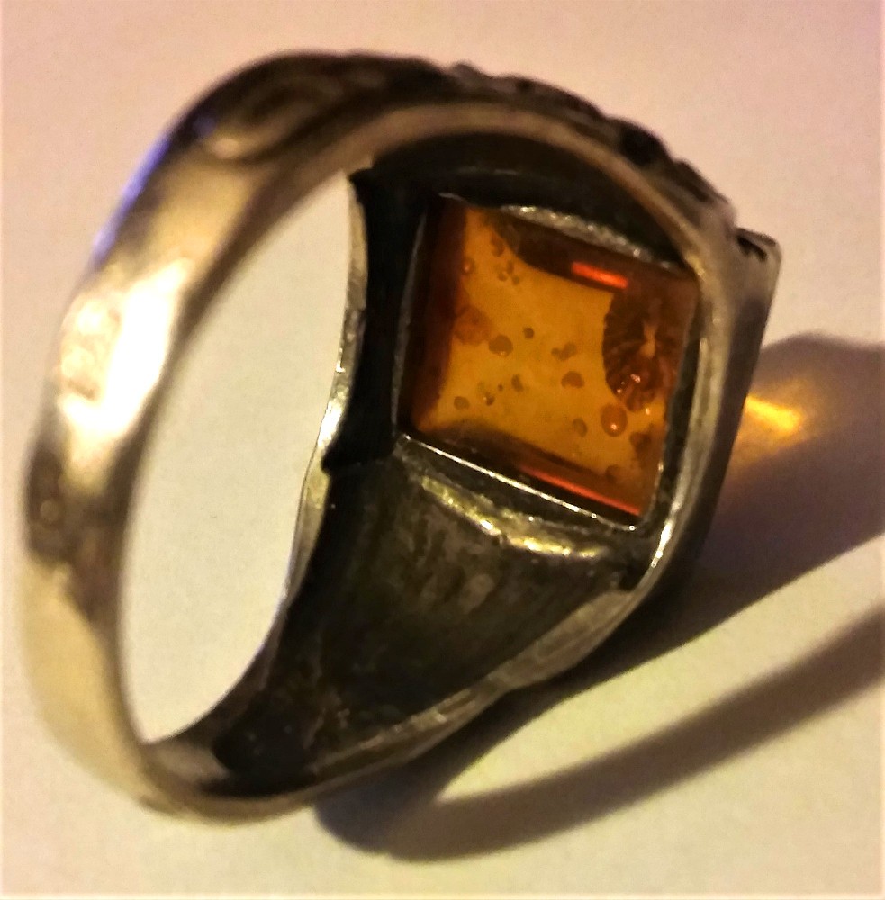 Antique Vintage Amber Silver Ring Carved Baroque Real Natural Baltic Europ Large