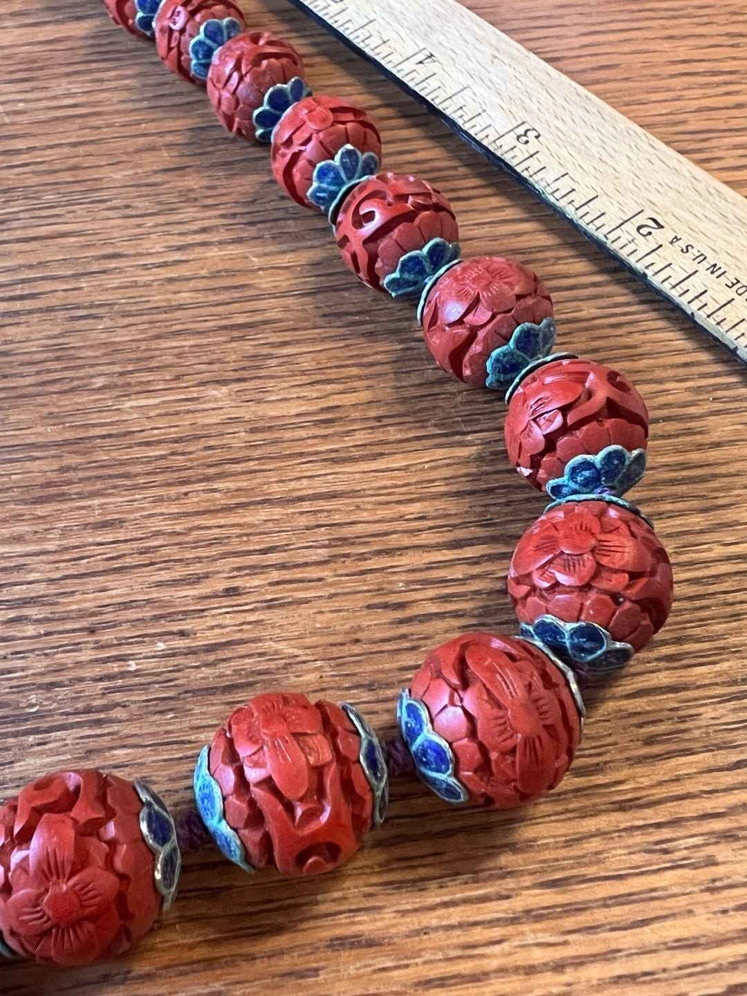 Carved Cinnabar Bead and Enameled Blue Metal Cap Vintage Beaded Necklace – 26”