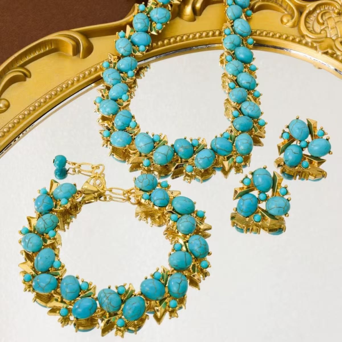 Vintage Turquoise Gold Tone Necklace Bracelet & Earrings Set Statement Jewelry