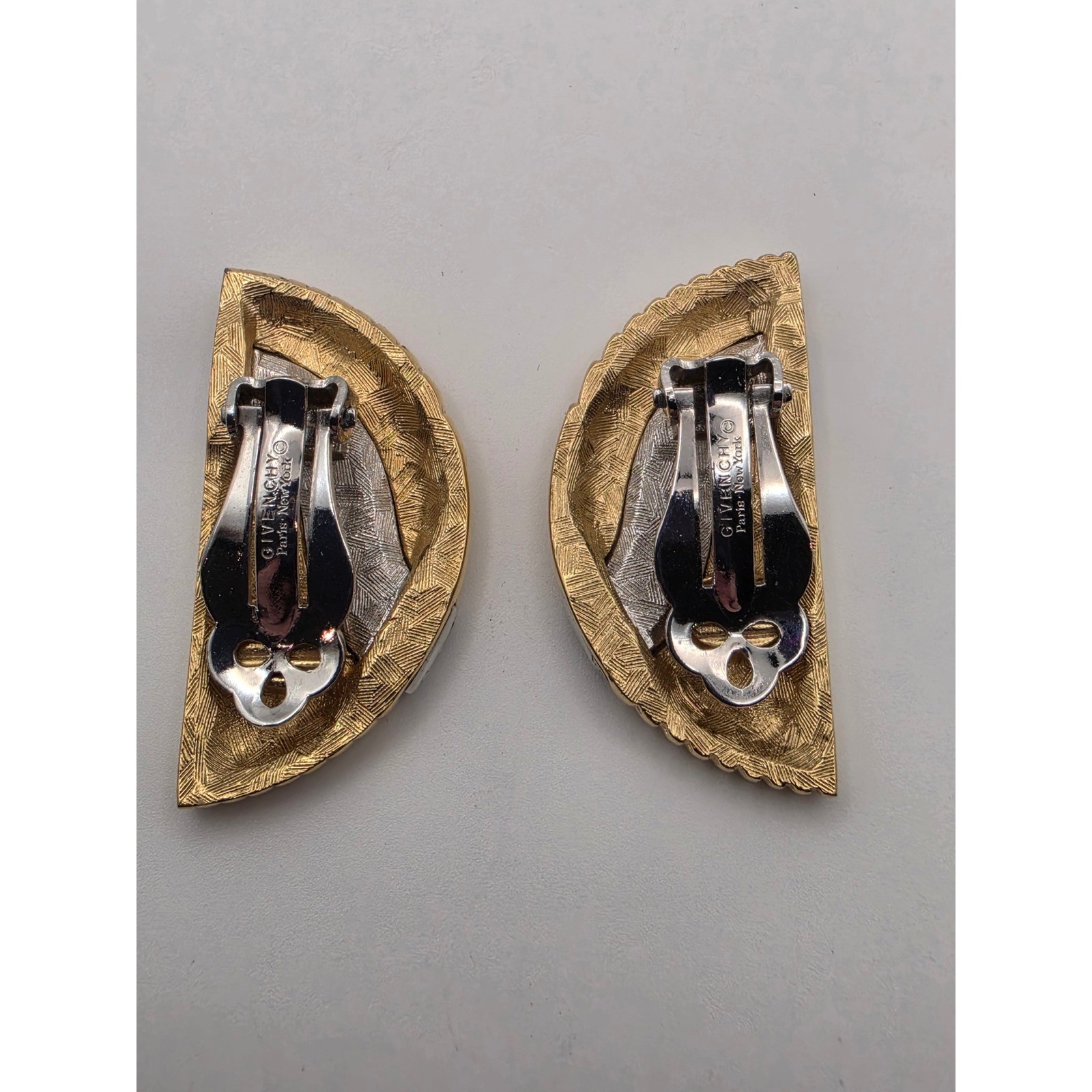 Givenchy Vintage Two Tone Gold Silver Rhinestone Ribbed Fan Clip On Earrings