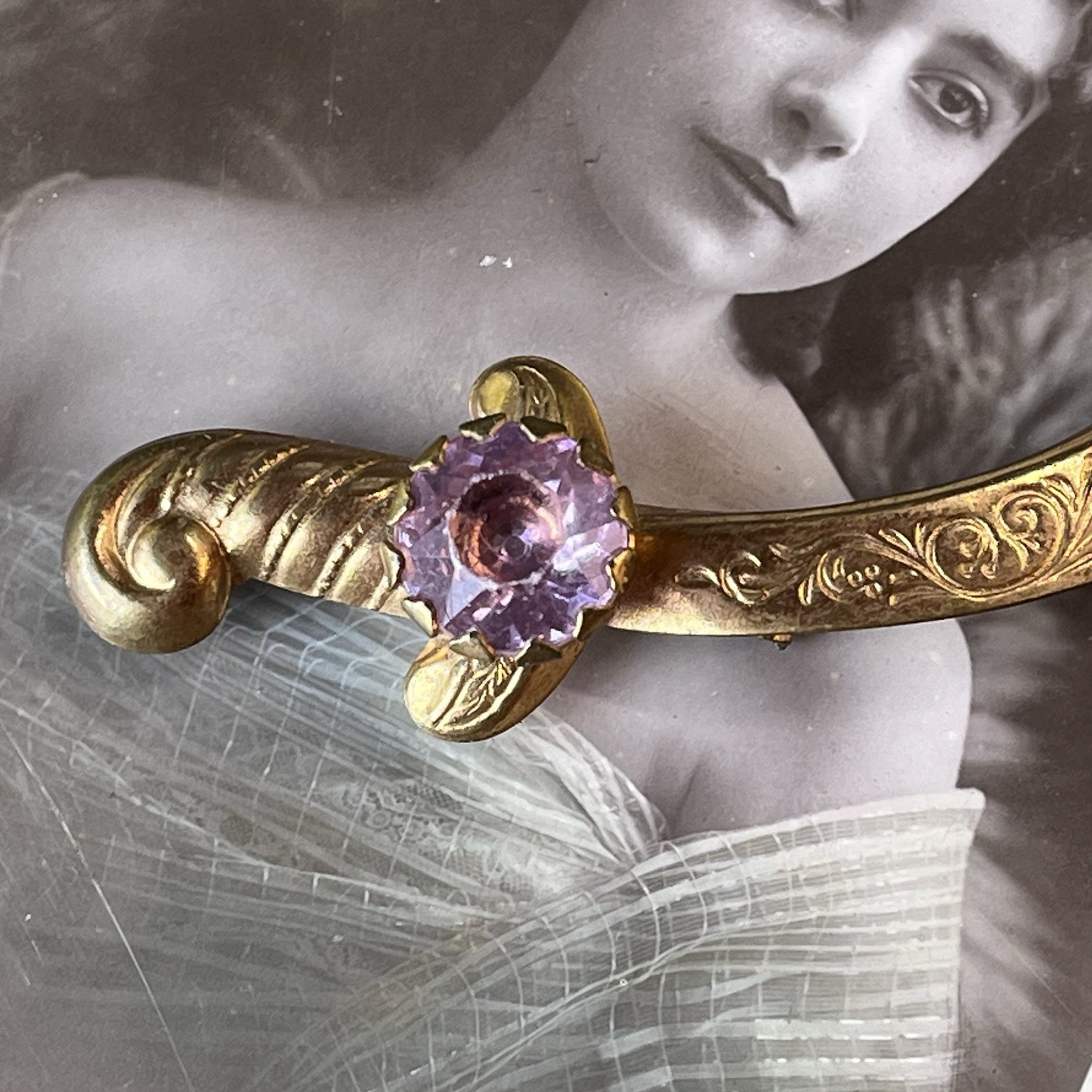 Antique Victorian Crescent Bar Brooch – Gold Plate – Lavender Paste – C-Clasp