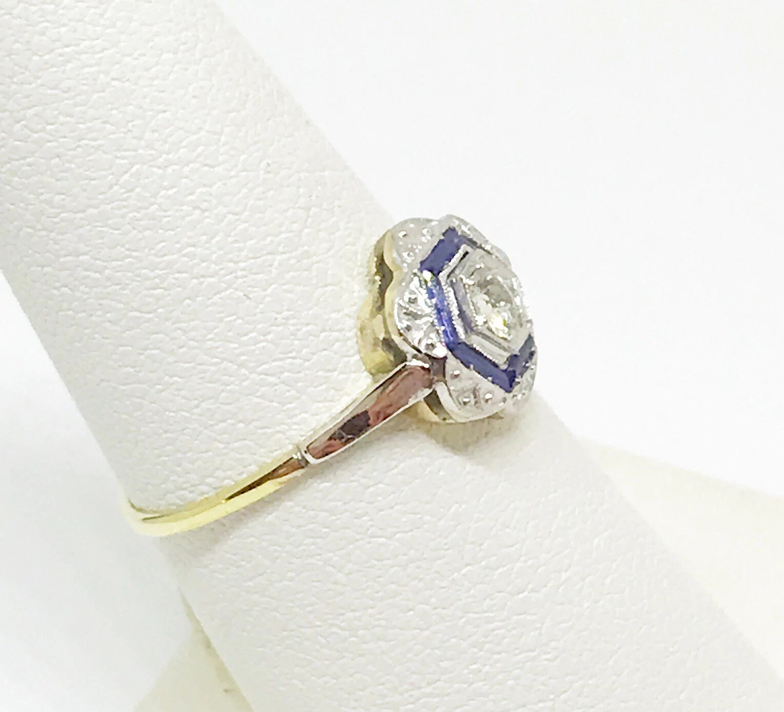 Art Deco Style Lab Created Diamond & Sapphire Anniversary 14K Gold Finish Ring