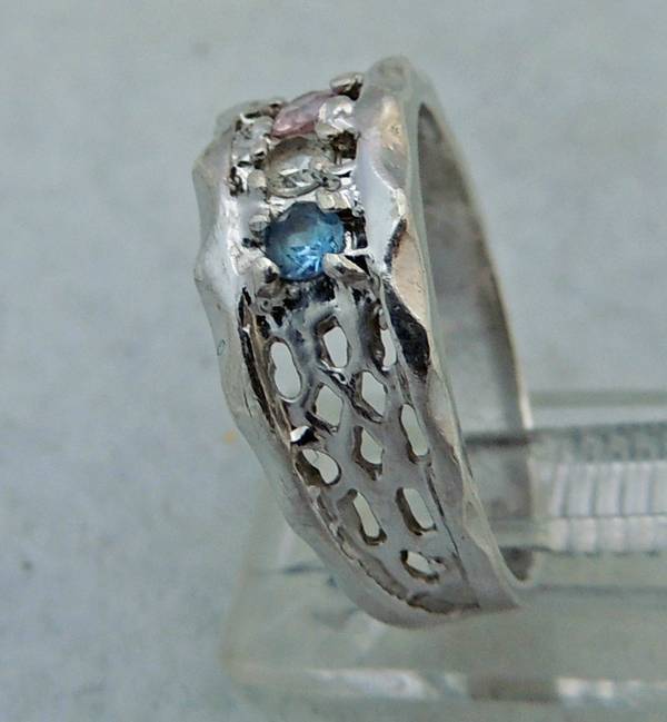 STERLING SILVER 0.925 PINK WHITE BLUE STONE FILIGREE ESTATE BAND RING SIZE 5.5