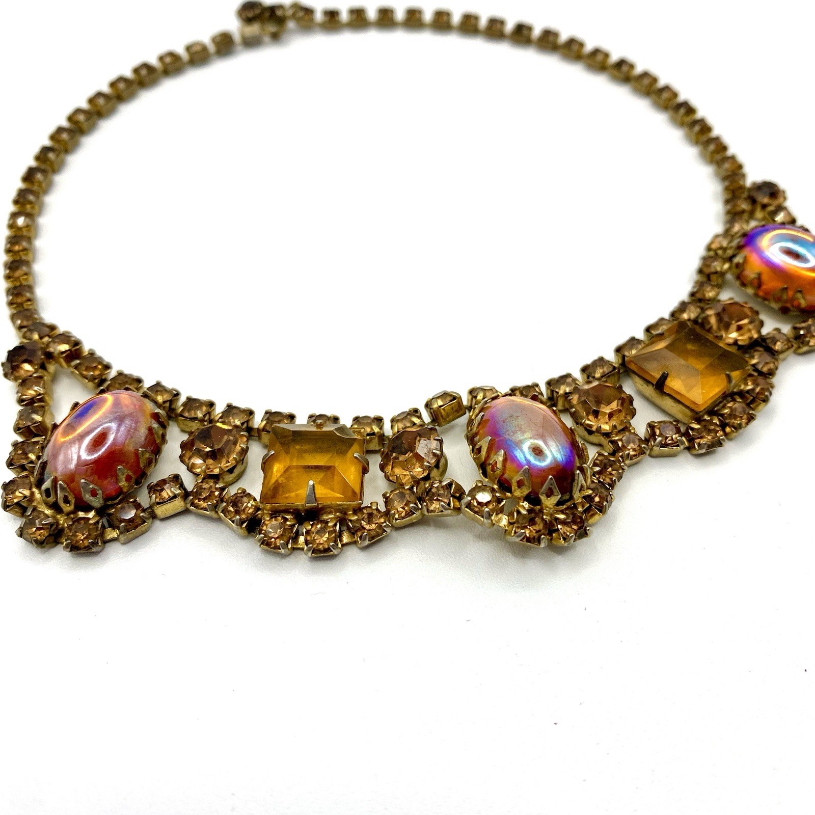 Vintage Dragon Breath Rhinestone Cabochon Necklace Flame Citrine Color Cup Prong