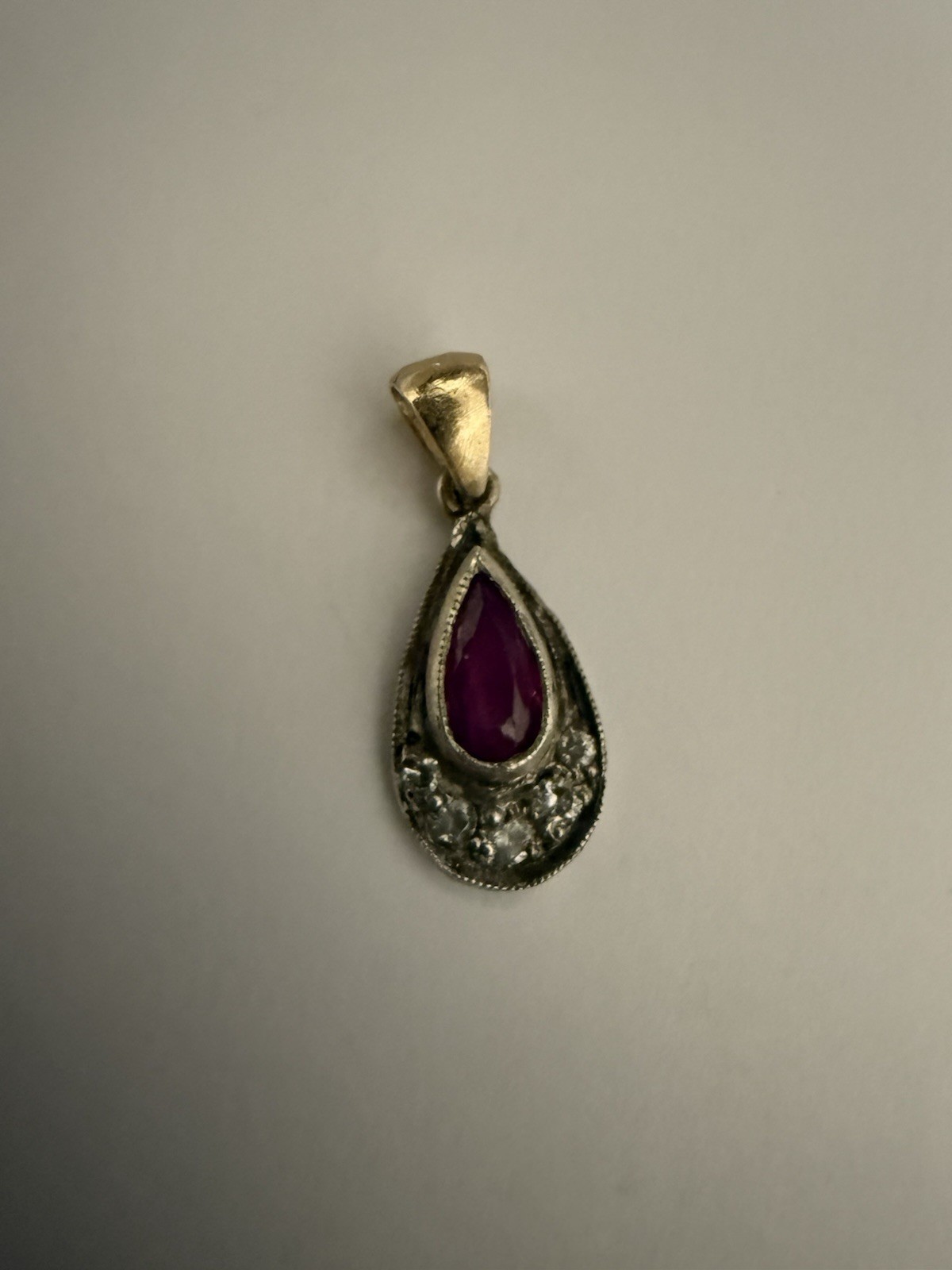 Antique Old Mine Rose Cut Diamond 14K Gold and Silver pendant Ruby Center Stone
