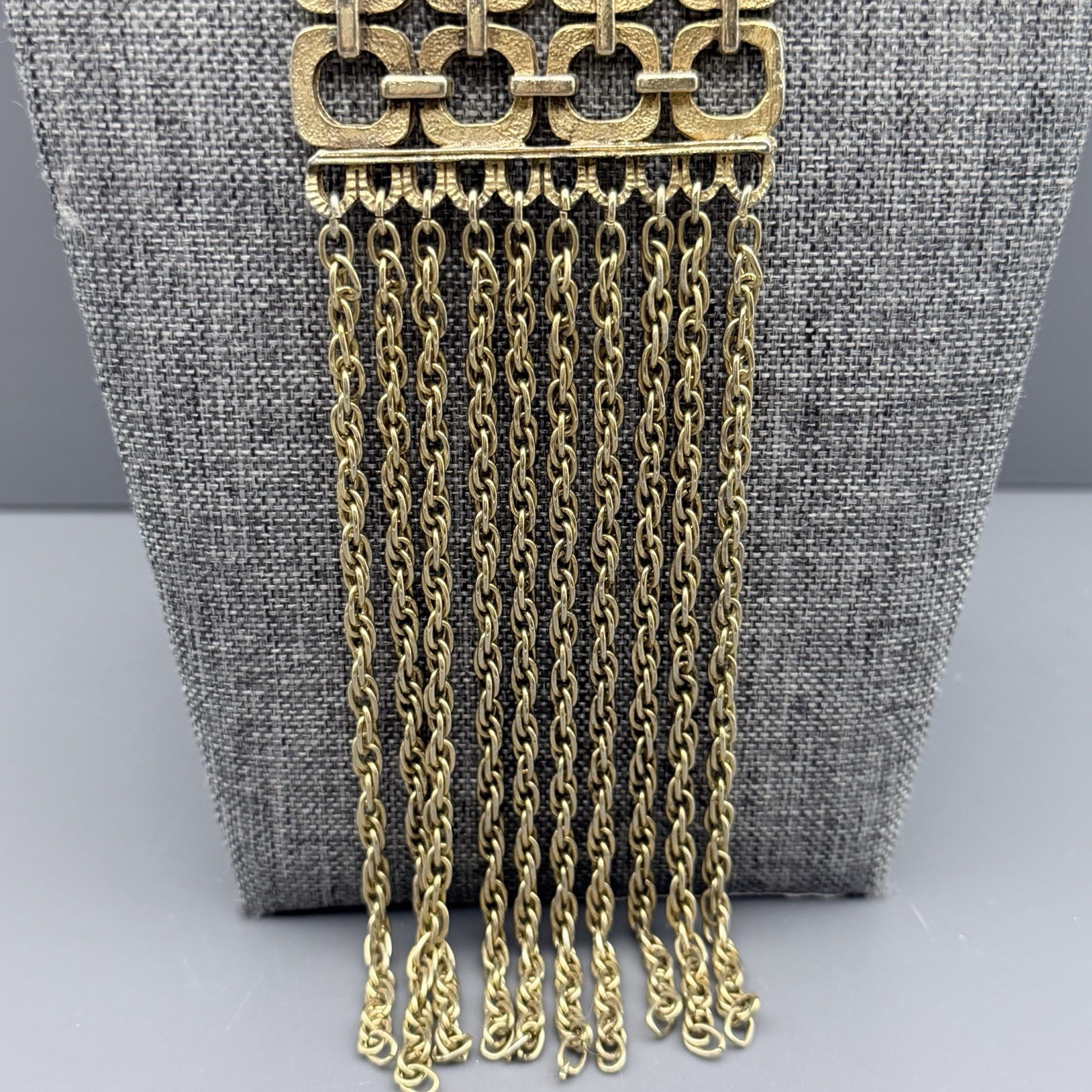 VTG 60s Gold Tone Tassel Chain Necklace Abstract Geometric Pendant Statement