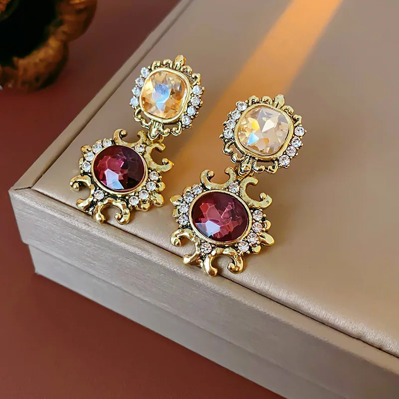 Vintage Purple Rhinestone Necklace Drop Earrings for Women Palace Style