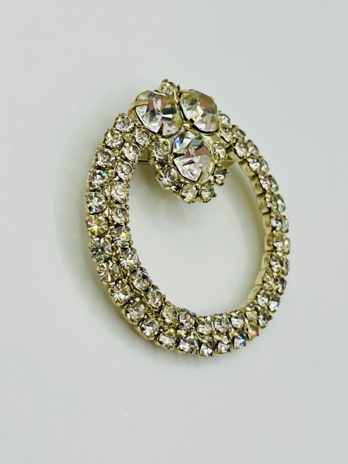 Vintage Clear Rhinestone Wreath Brooch Silver Tone