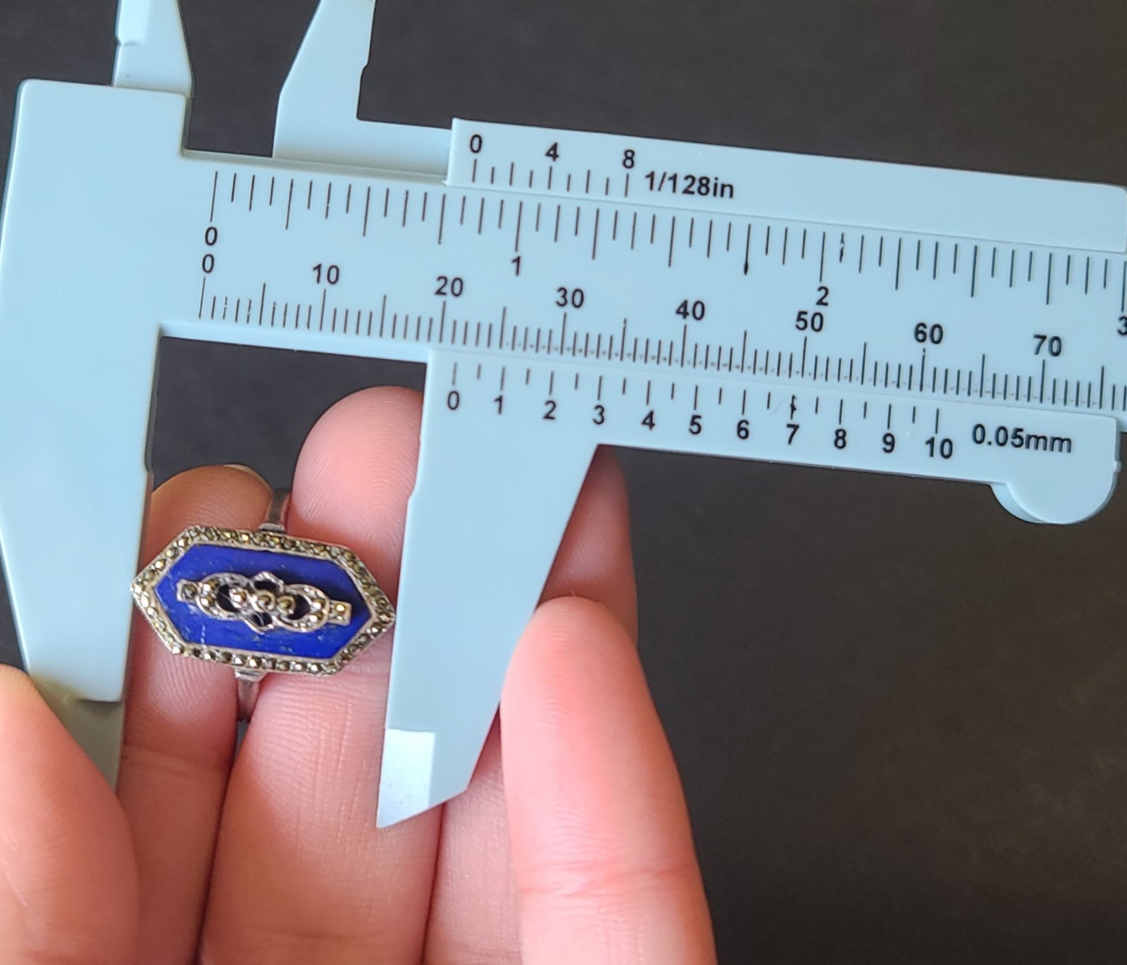 Fancy Antique VTG Art Deco Sterling Silver Lapis Lazuli Marcasite Ring Size 8
