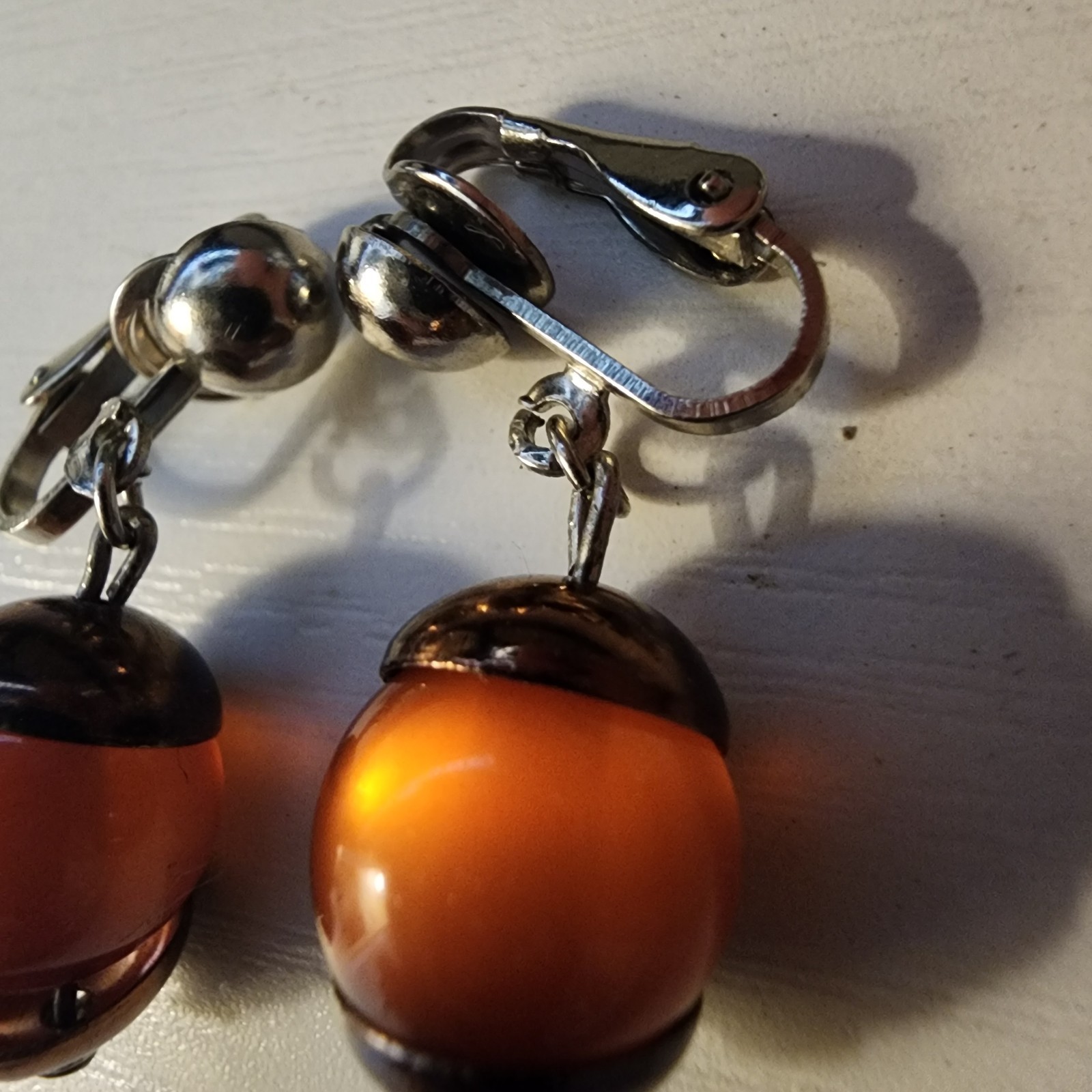 Vintage Faux Amber Stone Bead Earrings Acorn Silver Toned Clip On