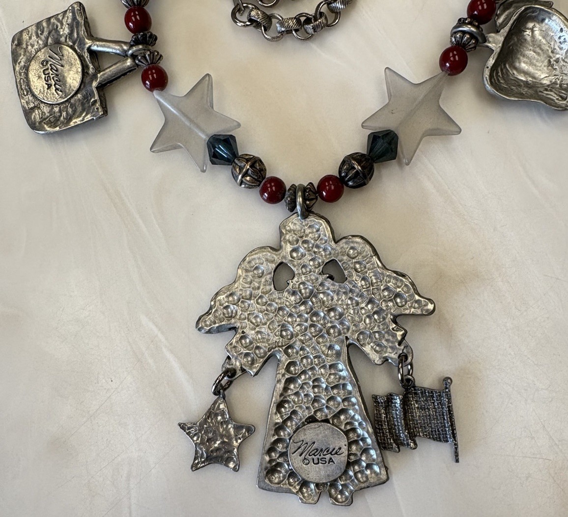 Marcie Signed 27” Pewter Charm & Beads Necklace PATRIOTIC Angel Picnic Sunflower