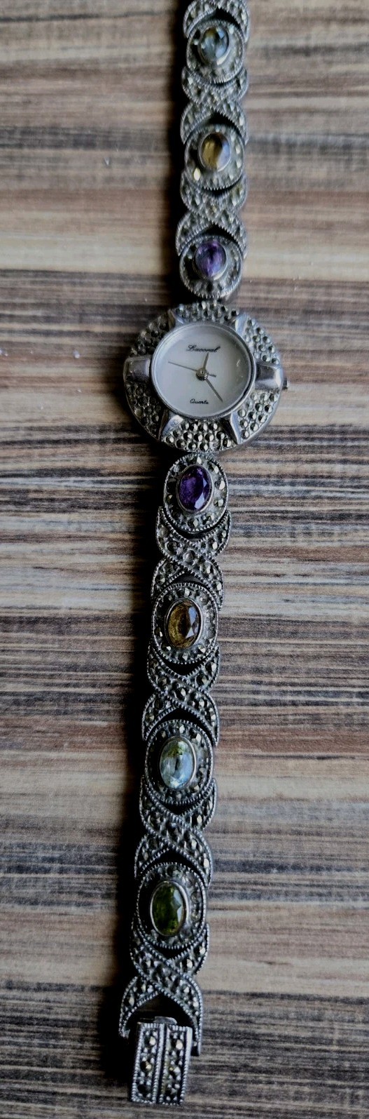 Vintage Lucoral Gemstone Marcasite Wristwatch Missing Stem & Clasp Bar. As Is
