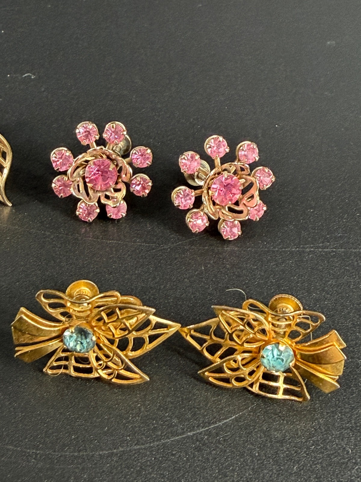 Vintage Flower Rhinestone Screw Back Earrings Lot 50s 60s