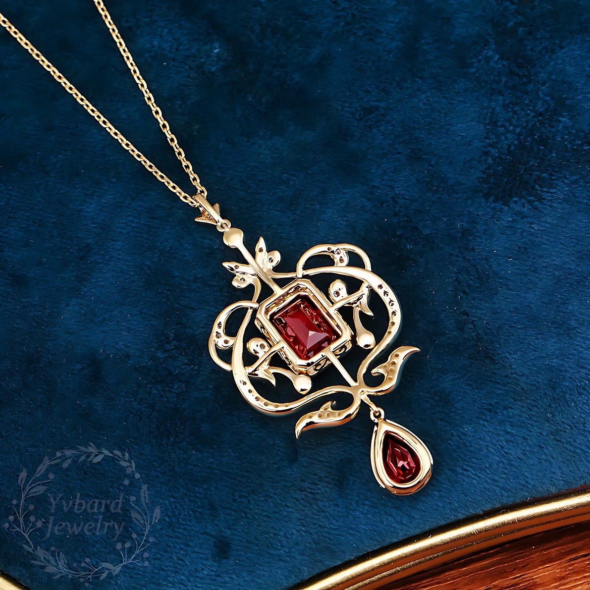 Victorian Emerald Cut Ruby & CZ Filigree Pendant Necklace Drop Floral Statement