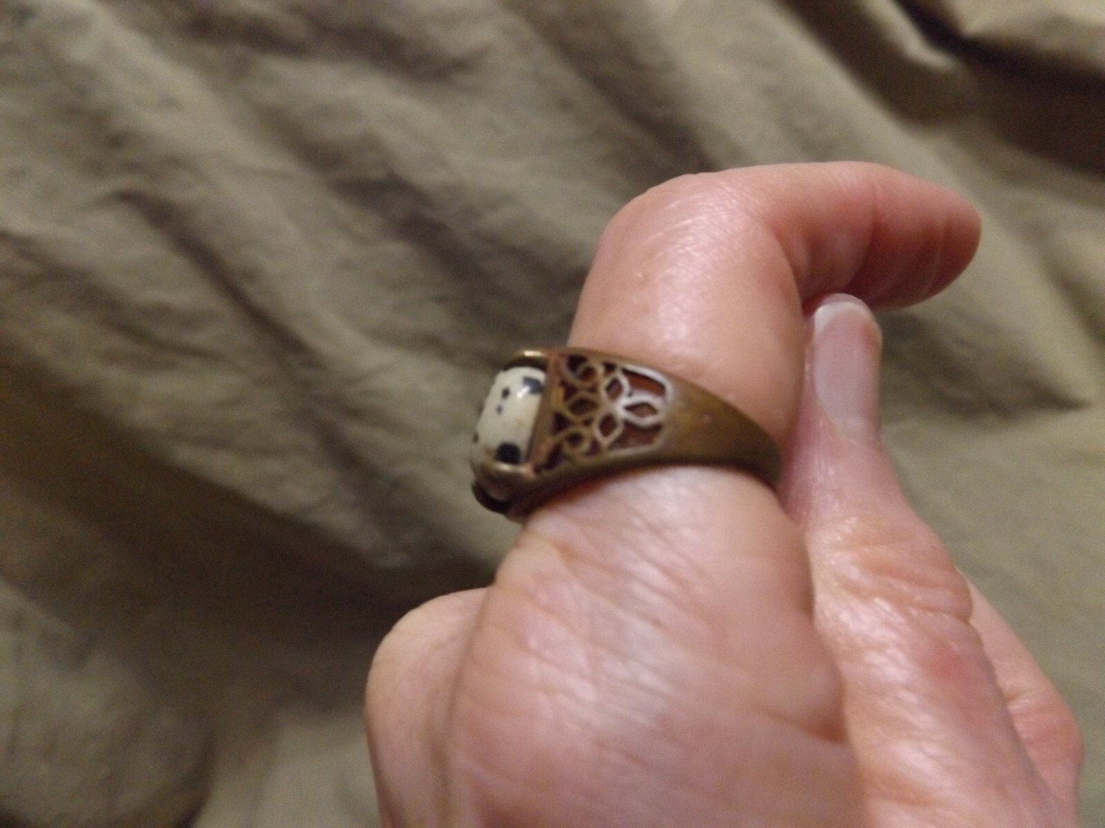 Vintage Cast Brass? Ring Dalmatian Jasper Oval Stone Unused Size 8.25+