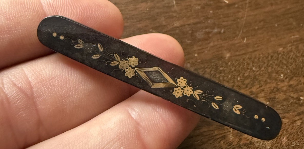 Antique Victorian French Jet Mourning Brooch Black Glass Bar Pin Gothic Memento