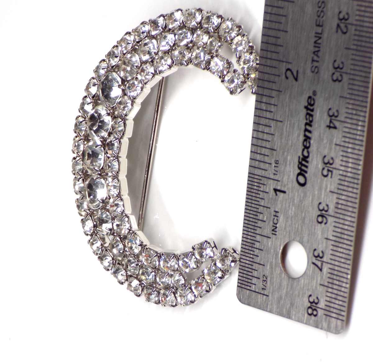 Vintage Big Rhinestone Brooch White Colorless Stones Silver-tone Crescent Moon