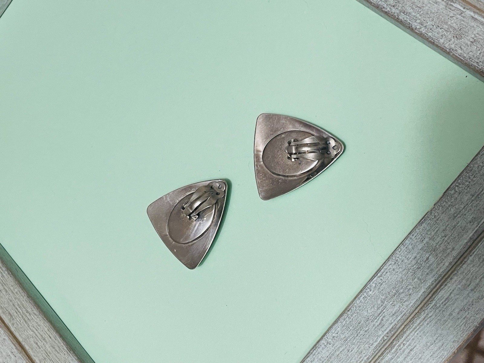 N/A? Zuni Style Mosiac Sterling Silver Earrings Clip-on Large Vintage/Retro 20g