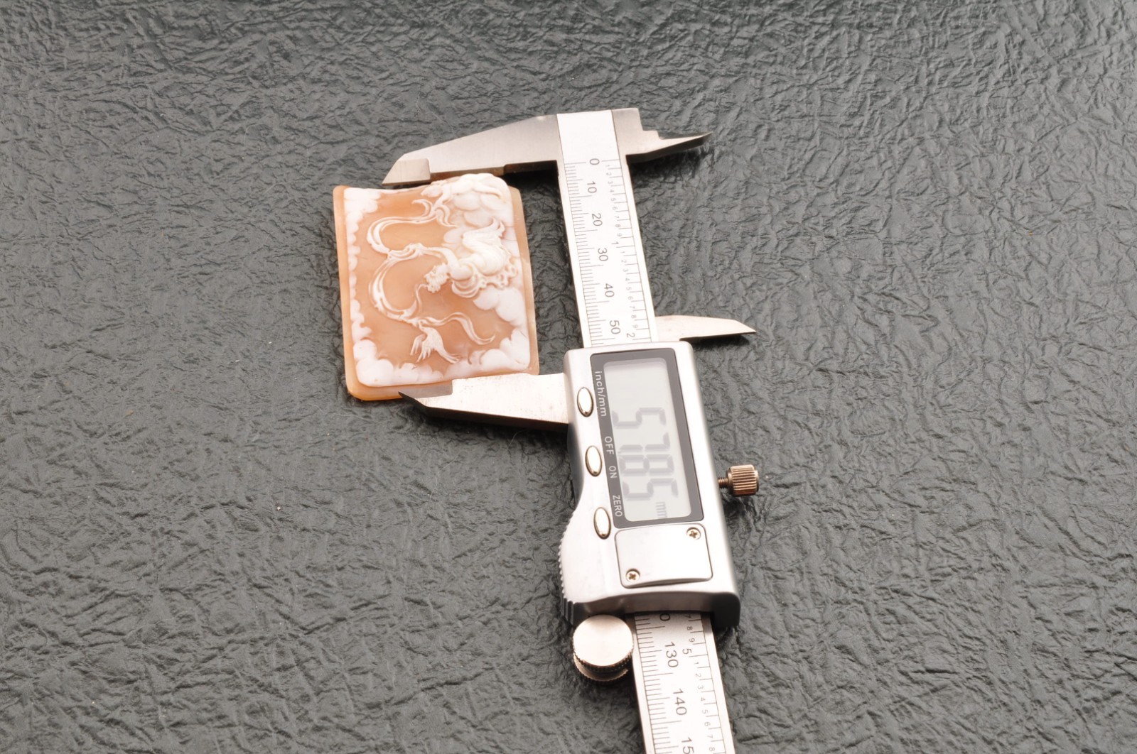 Vintage square shell cameo “Angels and goddesses”, (77.0ct) sign by artist box.