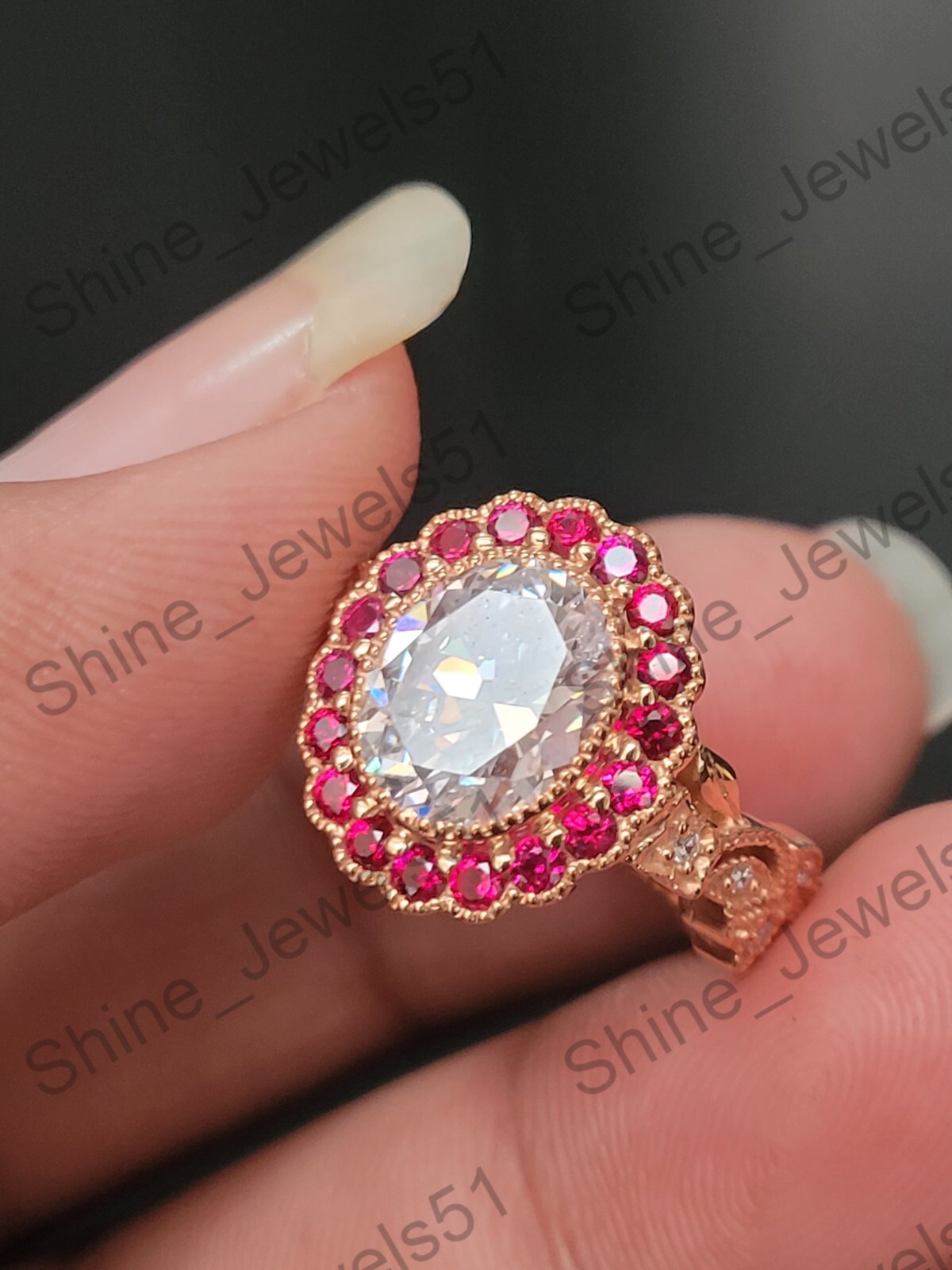 Art Deco Oval Cut Lab Created Diamond & Ruby Halo Wedding Bridal 925 Silver Ring