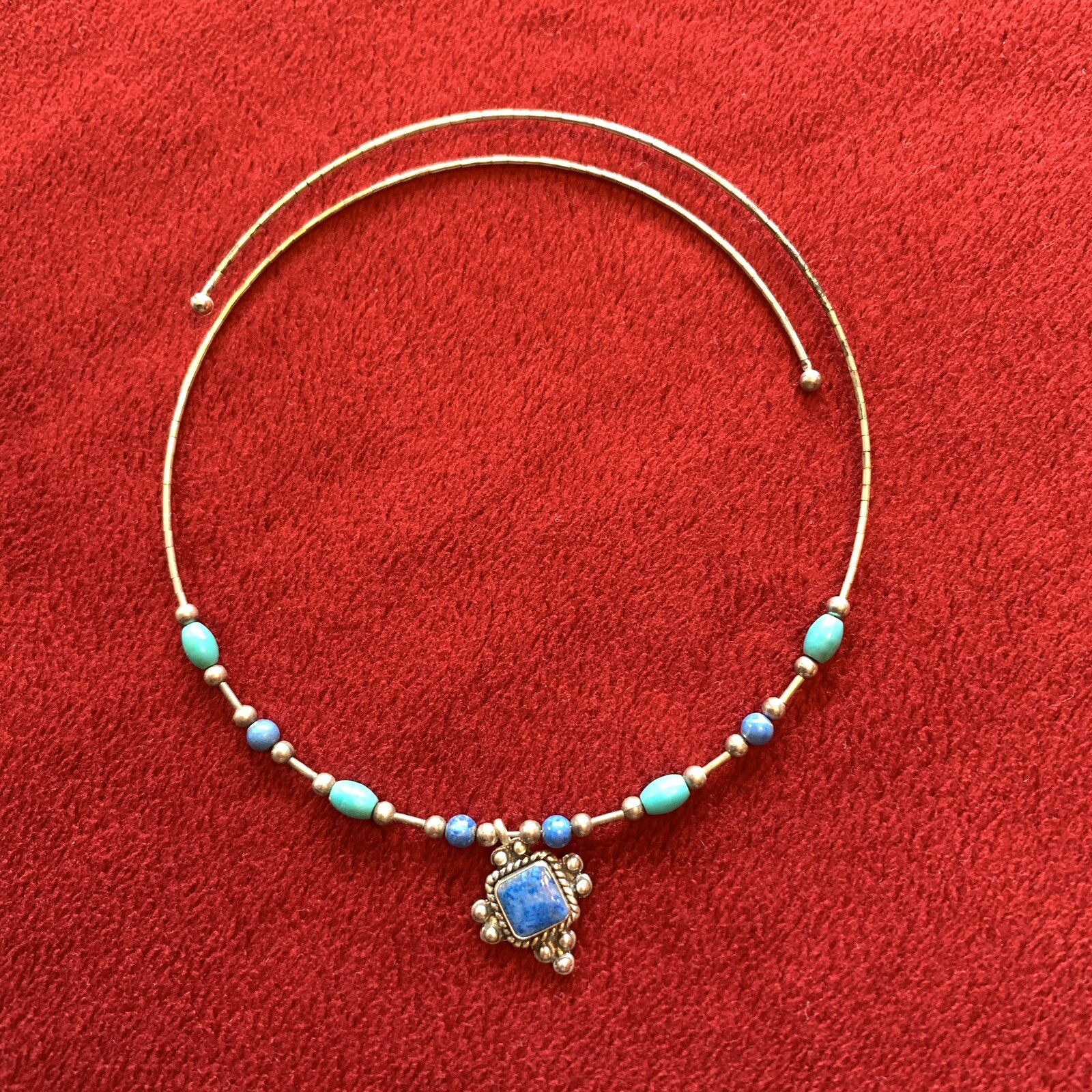 Flex Wire Choker Necklace blue tumbled stone citrine lapis 925 Silver Signed VTG
