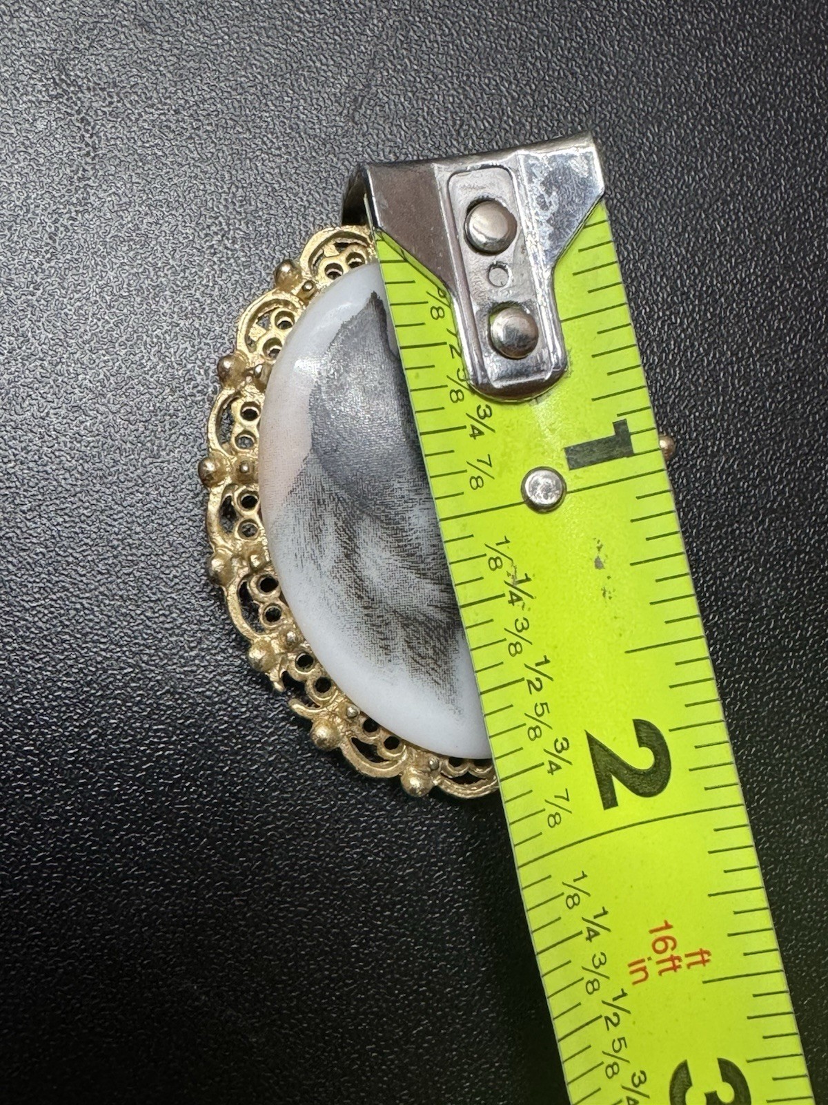 Vintage Painted Porcelain Schnauzer Dog Cameo Brooch W/ Gold Brass Ornate Frame