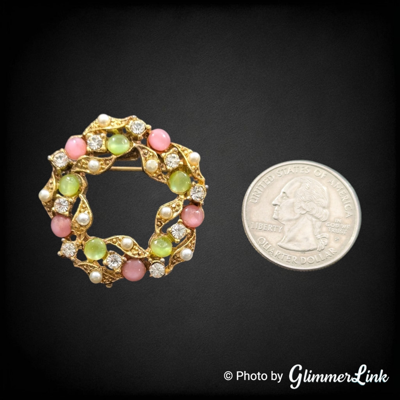 Vintage Pastel Multicolor Moonglow Cabs Faux Pearl Rhinestone Wreath Brooch Pin