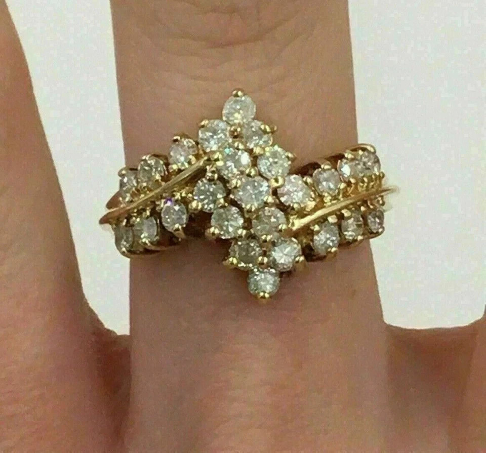 2.1Ct Art Deco Lab Created Diamond Cluster Wedding 14K Yellow Gold Finish Ring