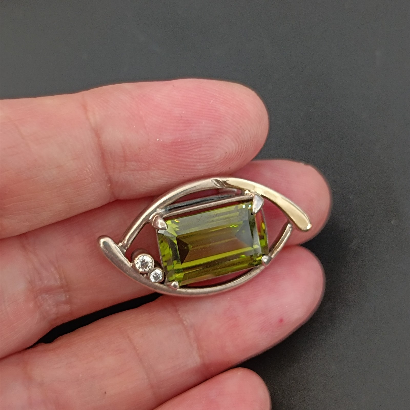 Modernist Statement Ring Sterling Silver Olive Green Stone Rolled Gold Cocktail