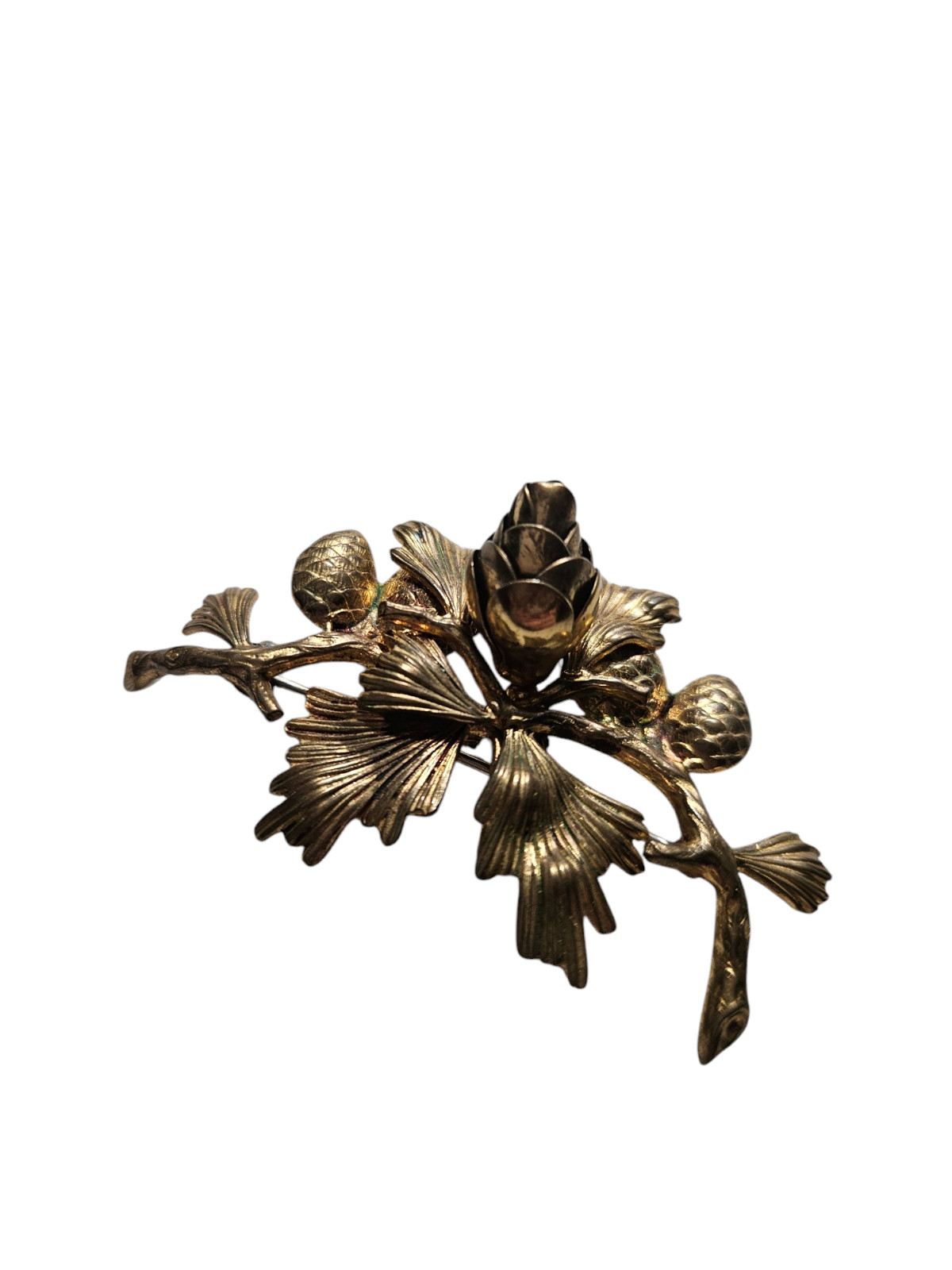 Vintage Textured Brass Articulated Pine Cone Branch Brooch/Pin~2.5″ X 1 5/8″