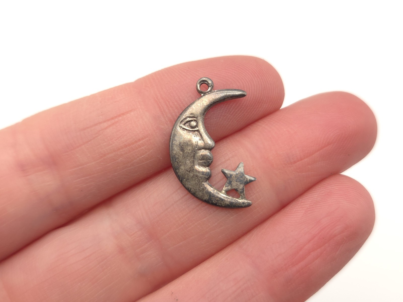 Vintage Sterling Silver Man in the Moon Crescent Star Celestial Pendant Charm